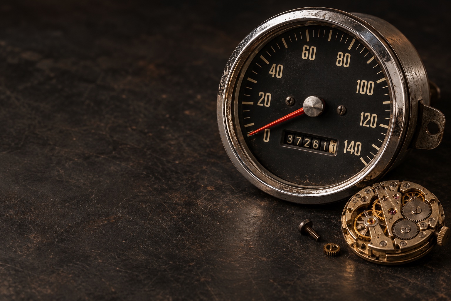 Illustrative AI still life of a vintage speedometer and mechanical clock movement; not actual Redline work.